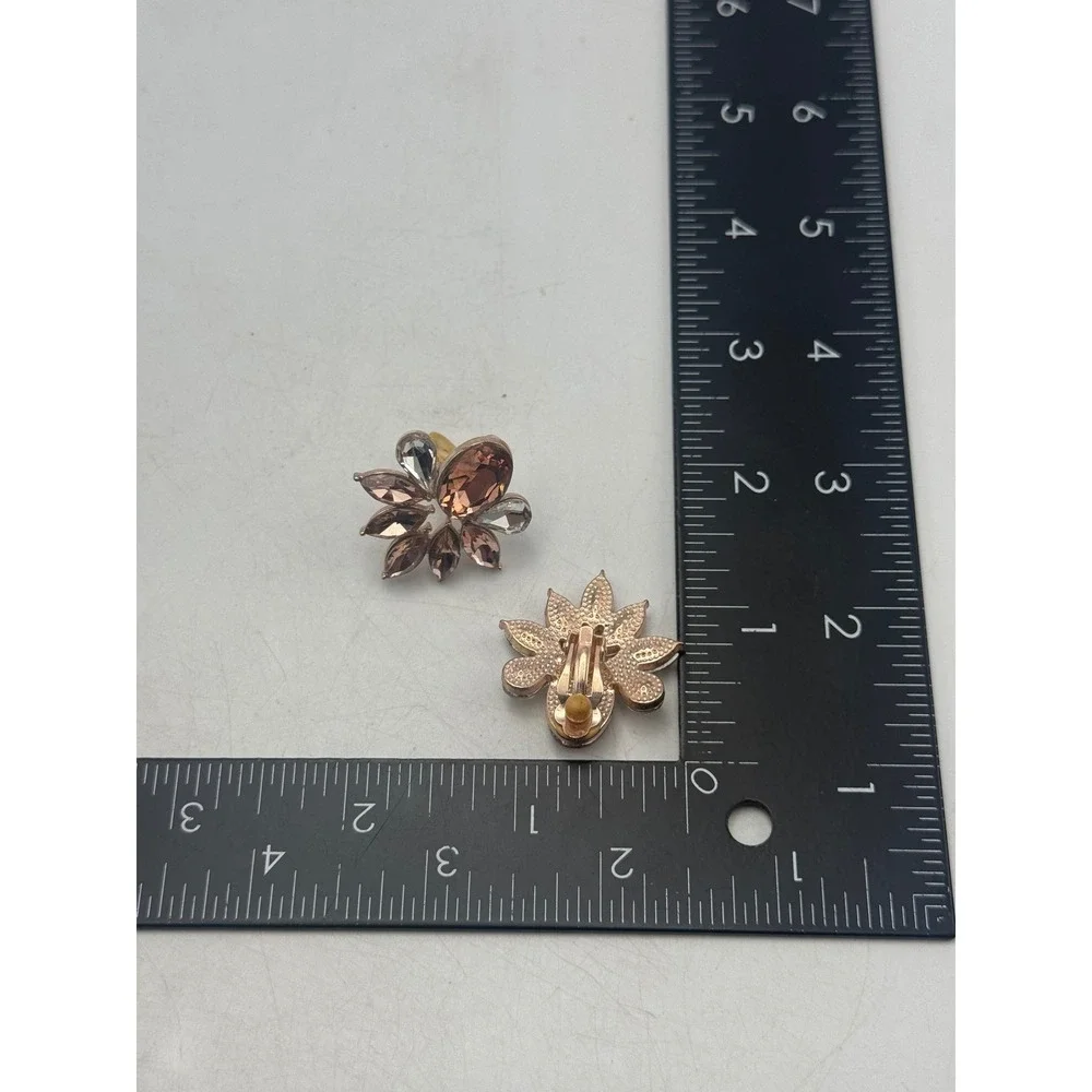 Rose Gold Tone Amber Crystal Floral Sunburst Clip On Earrings Vintage Style